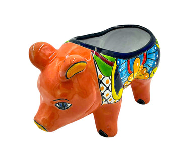 Mexican Talavera Piggy Planter Pot Hand Painted - Pink Trim
